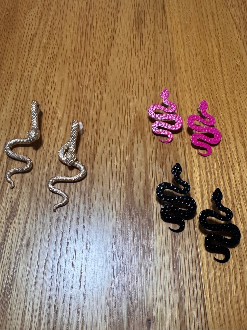 Snake-Shaped Drop Earrings — Gold, Pink & Black Trio